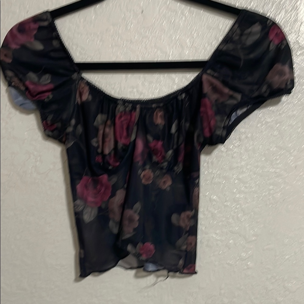 Motel Rocks Black and Pink Floral Blouse Cropped Sheer